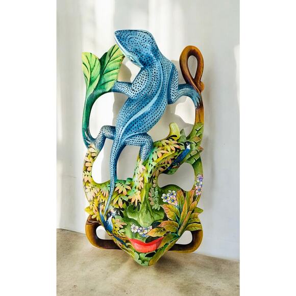 Balinese Hand Carved Wooden Blue Lizard Reptile & Birds Rainforest Goddess Mask - Picture 1 of 13